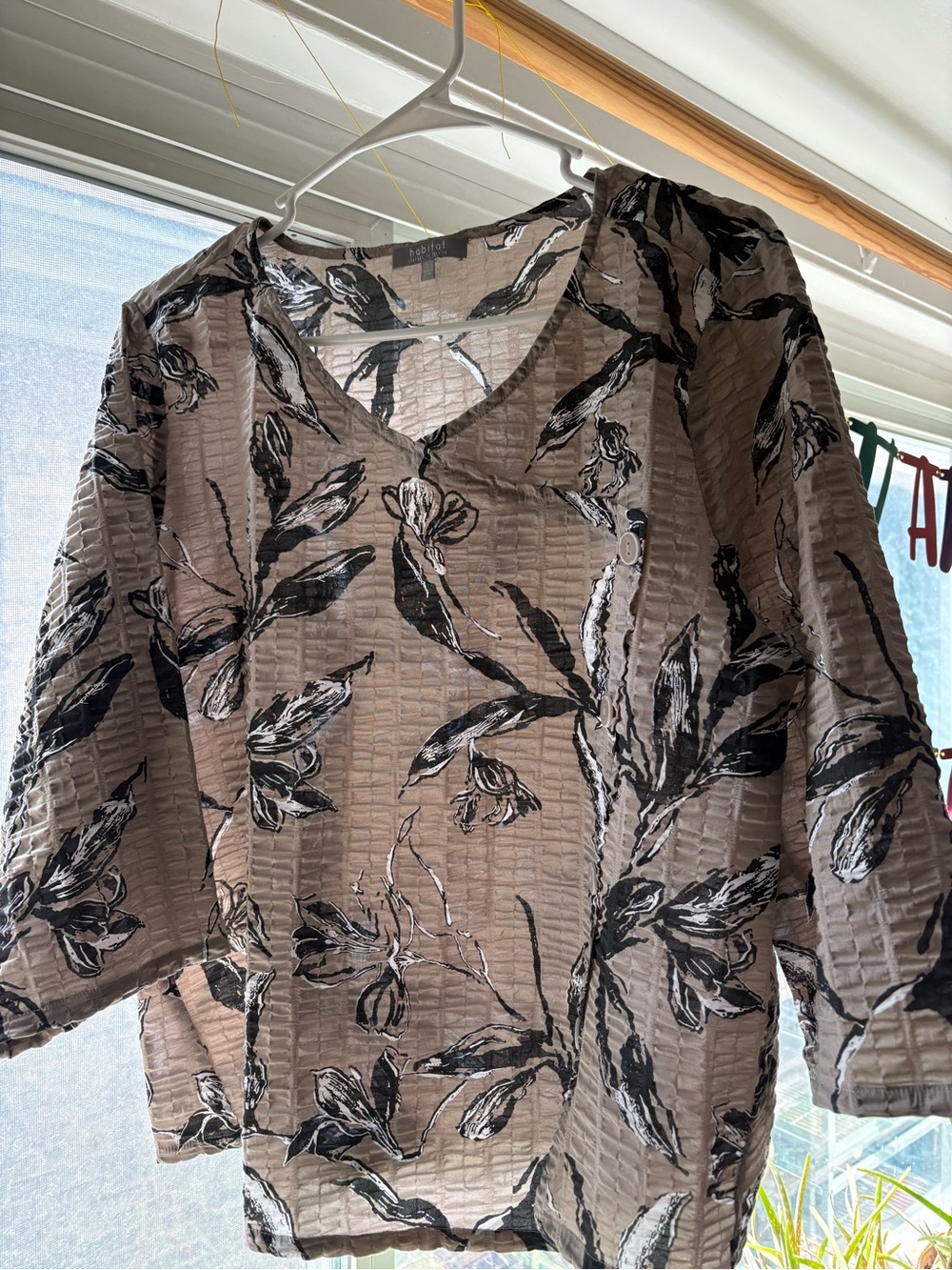 Habitat Taupe Floral V-Neck Blouse with Black & White Print